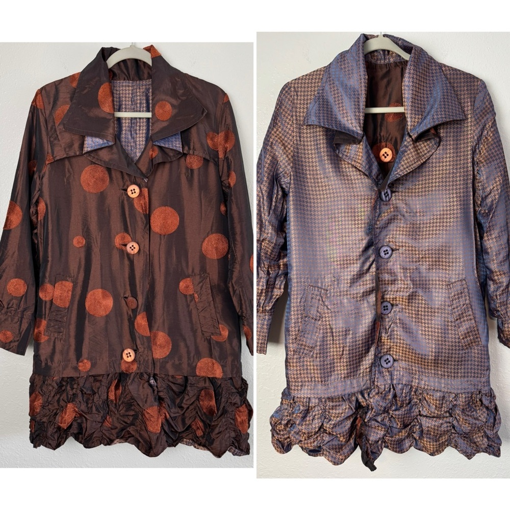 UBU reversible polka dot hounds tooth long jacket mettalic crinkle ruffle S